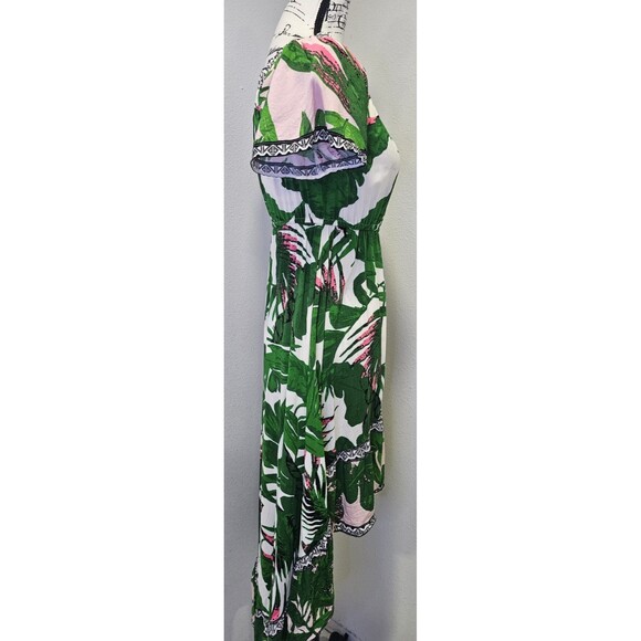 Flying Tomato Dress Tropical Print Off Shoulder Ruffle Hi-Lo Hem Midi Size Large - Picture 7 of 11